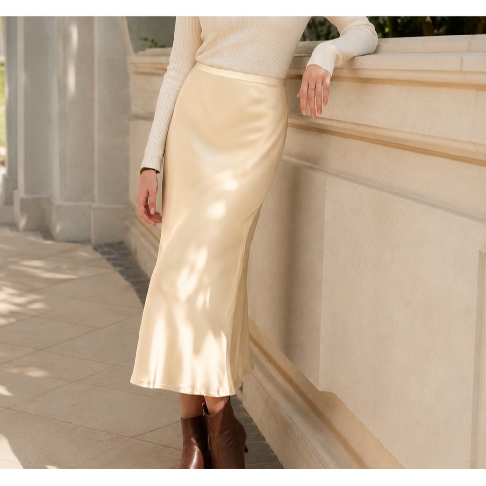 OGL Satin Silk Like Champagne Gold Acetate Bias-cut Pencil Skirt Large NWT $100